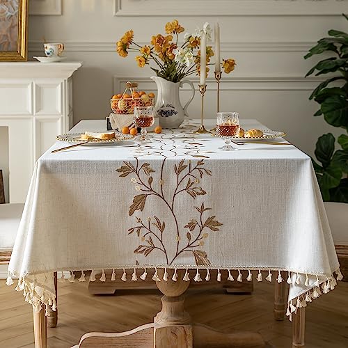Oubonun Cotton Linen Rectangular Tablecloth - Wrinkle Resistant & Waterproof - Machine Washable Table Cloth with Tassels for Kitchen & Dining, 55''x86'', 6-8 Seats - Image 1