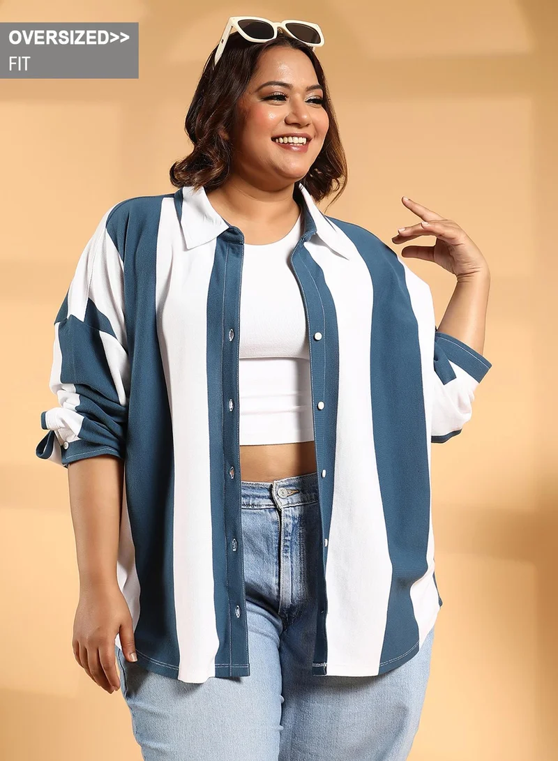 Instafab Plus Women's Aegean Blue & Chalk White Balanced-Stripe Boxy Shirt