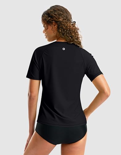 SANTINY Rash Guard for Women UPF 50 Bathing Suit Sun Protection Short Sleeve Swimsuit Top Quick Dry Swim Shirts for Women Black Leaf_L - Image 3