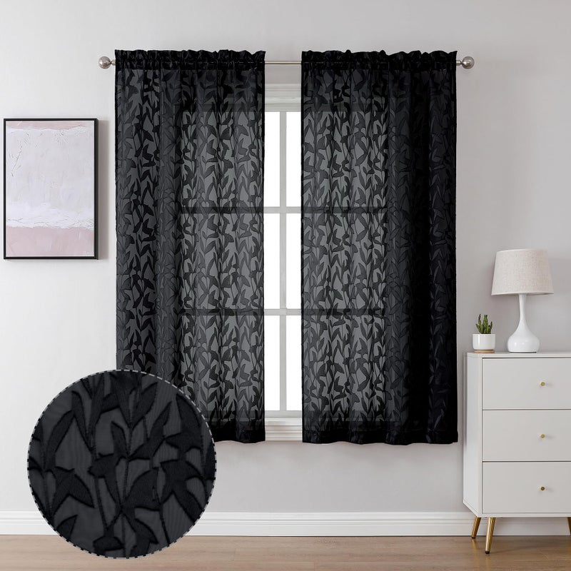 Lecloud Leia Clip Textured Leaf Black Sheer Curtains 63 Inch Length 2 Panels, Light Filtering Jacquard Voile Curtain with Dual Rod Pockets, Kitchen/Living Room/Bedroom Window Drapes, 38x63 Inches - Image 1