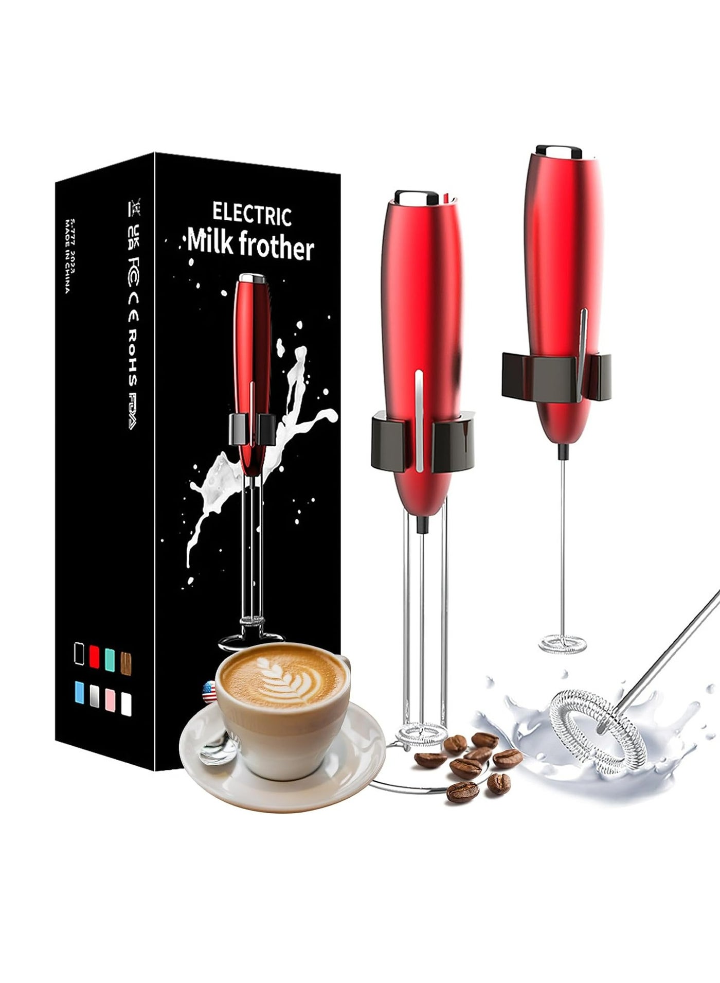 Milk Frother Handheld, Kitchen Powerful Electric Foam Maker with Stand, Battery Powered Foamer Blender Drink Mixer for Coffee Latte Cappuccino Hot Chocolate Matcha Egg(Red)