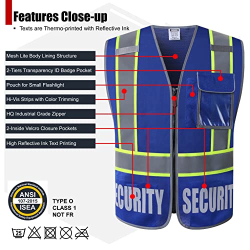 HATAUNKI Security Vest for Men Women Reflective Safety Vest with 5 Pockets and Front Zipper Mesh High Visibility Vest Meets ANSI/ISEA 107-2015 Standards (Blue-22, Small) - Image 3