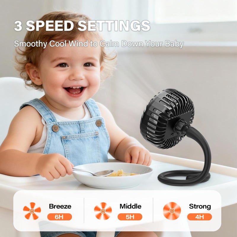 A2C Portable Stroller Fan [Rechargeable 4000Mah Battery  3 Speeds  Flexible Base] Personal Cooling For Handle Bar  Rotatable Travel Fan For Uppababy/Graco/Evenflo/Doona/Gym/Camping/Gift - Image 3