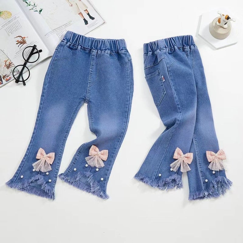 Children'S Jeans Girls' Beaded Stretch Flared Pants Children Boys' Cartoon Patch Denim Trousers - Image 2