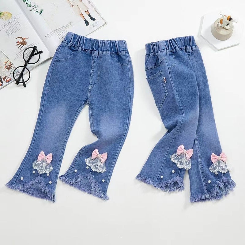 Children'S Jeans Girls' Beaded Stretch Flared Pants Children Boys' Cartoon Patch Denim Trousers - Image 3