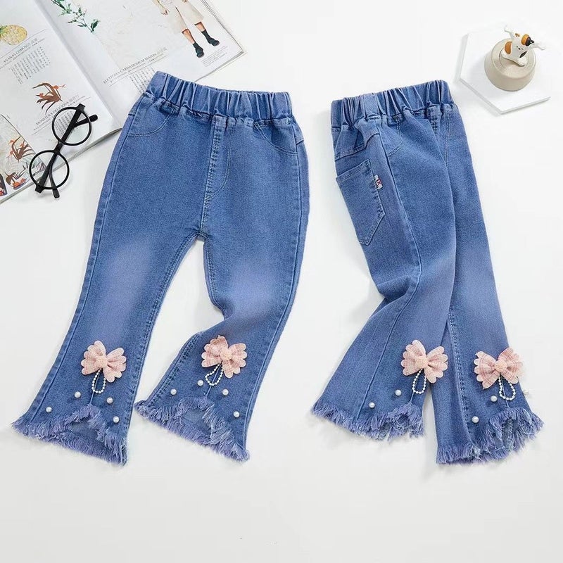 Children'S Jeans Girls' Beaded Stretch Flared Pants Children Boys' Cartoon Patch Denim Trousers - Image 1