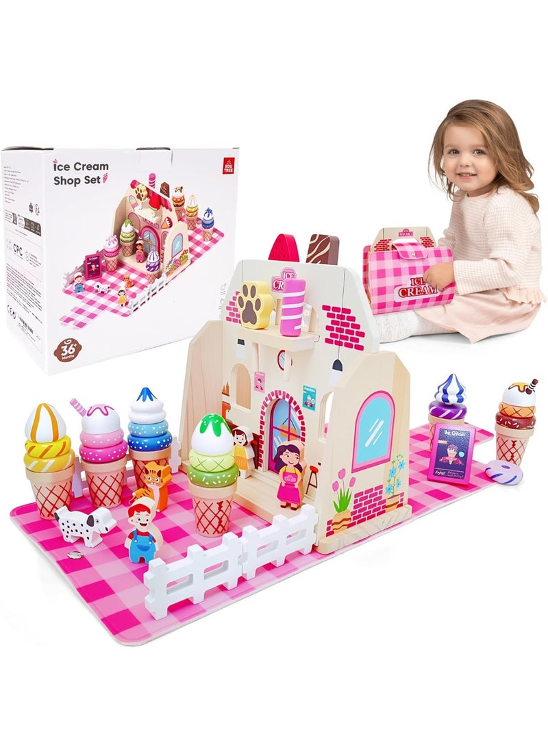 LBMT مجموعة ألعاب الآيس كريم الخشبية للأطفال الصغار المكونة من 39 قطعة ولعبة الآيس كريم،متجر الآيس كريم مع حقيبة تخزين للعب التظاهري، تعلم فرز الألوان، ألعاب الأطفال والهدايا للفتيات من سن 3 إلى 4 إلى 5 إلى 6 إلى 7 سنوات - Image 1