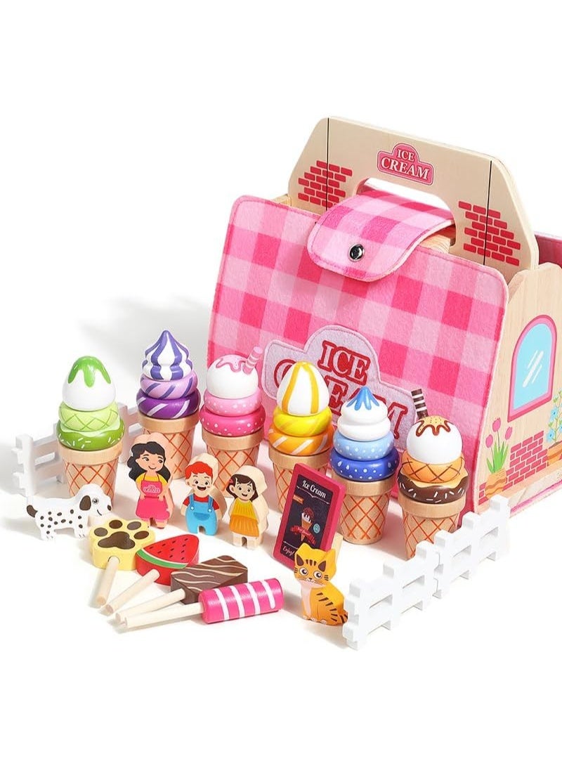 LBMT مجموعة ألعاب الآيس كريم الخشبية للأطفال الصغار المكونة من 39 قطعة ولعبة الآيس كريم،متجر الآيس كريم مع حقيبة تخزين للعب التظاهري، تعلم فرز الألوان، ألعاب الأطفال والهدايا للفتيات من سن 3 إلى 4 إلى 5 إلى 6 إلى 7 سنوات - Image 3