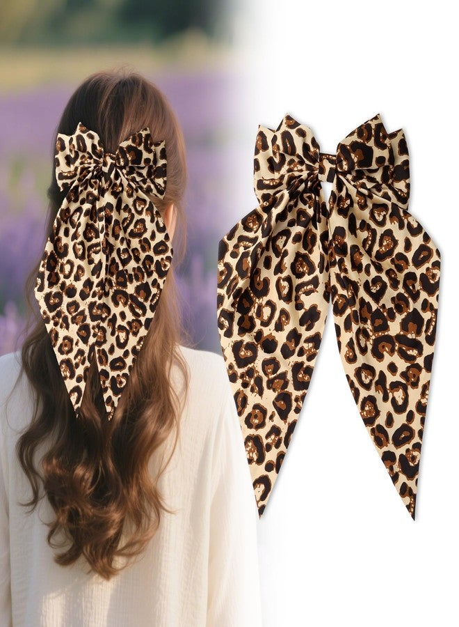 LUSTRIB Large Leopard Hair Bow, Cheetah Print Bow with Long Tail Ribbon Satin and Snap Hair Clips for Women Hair Accessories to Ponytail And Everyday Or Party Wear - Image 1