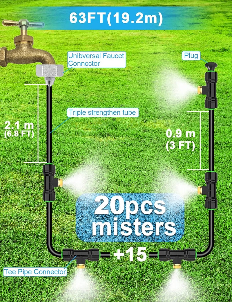 Lekit Misters for Outside Patio 63FT(19.2M)+21 Brass Mist Nozzles+a Brass Adapter(3/4") Detachable outdoor misting cooling system for Garden, waterpark, Greenhouse, Backyard, Fan, Umbrella, Deck, Canopy - Image 4
