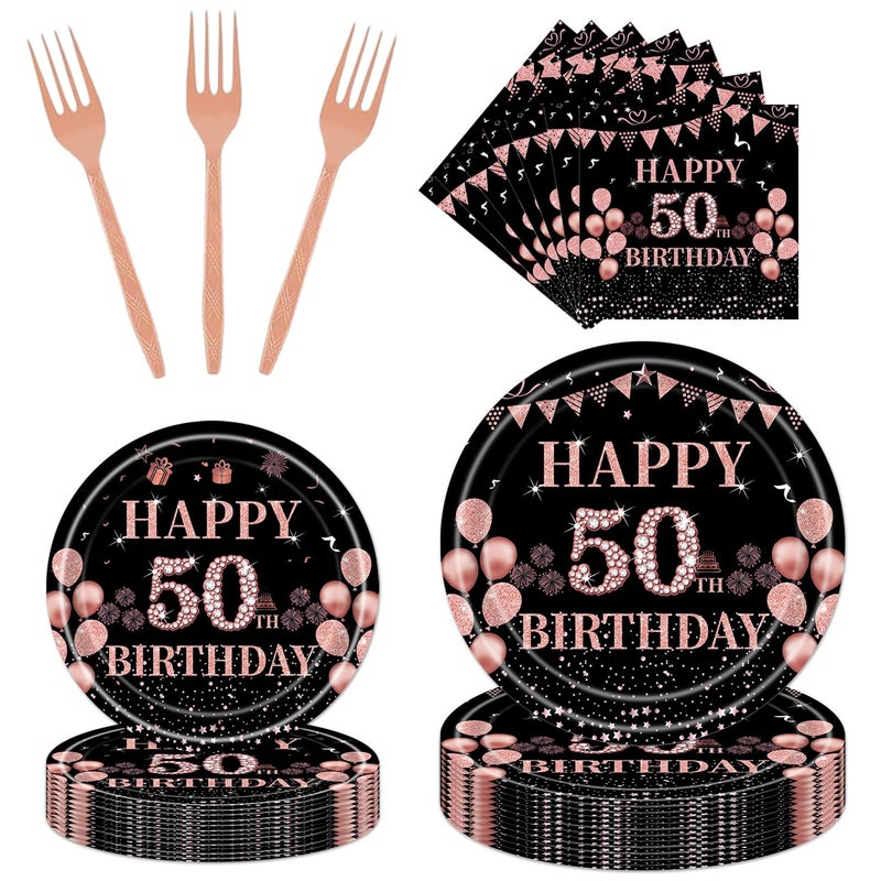 Rakuto 50th Birthday Party Plates 96PCS 50 Year Old Birthday Party Decorations Supplies for Her Rose Gold Tableware Plates Napkins Forks Supplies Women 24 Guests - Image 3