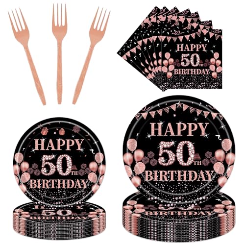 Rakuto 50th Birthday Party Plates 96PCS 50 Year Old Birthday Party Decorations Supplies for Her Rose Gold Tableware Plates Napkins Forks Supplies Women 24 Guests - Image 1