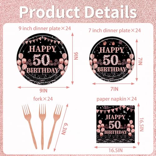 Rakuto 50th Birthday Party Plates 96PCS 50 Year Old Birthday Party Decorations Supplies for Her Rose Gold Tableware Plates Napkins Forks Supplies Women 24 Guests - Image 5