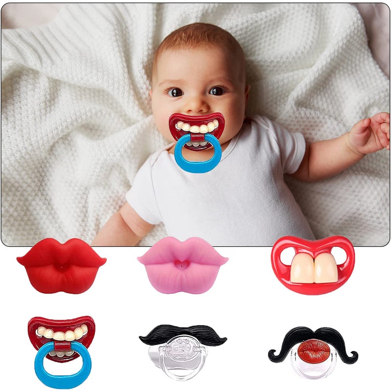 AUSTUFF 6PCs Funny Pacifier Infant Pacifier Cute Kissable Lips and Gentleman Mustache Teeth Pacifier Soft Silicone Cute Pacifier Design with Kiss Lip for Babies and Toddlers Shower Gift Unisex-BPA Free - Image 1