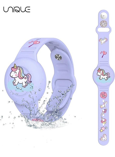 AirTag Bracelet for Kids, Waterproof Cute Cartoon Air tag Holder for Kids with Soft Silicone Full Coverage Anti-Lost Hidden Airtag Wristband Accessories for Child (Purple)