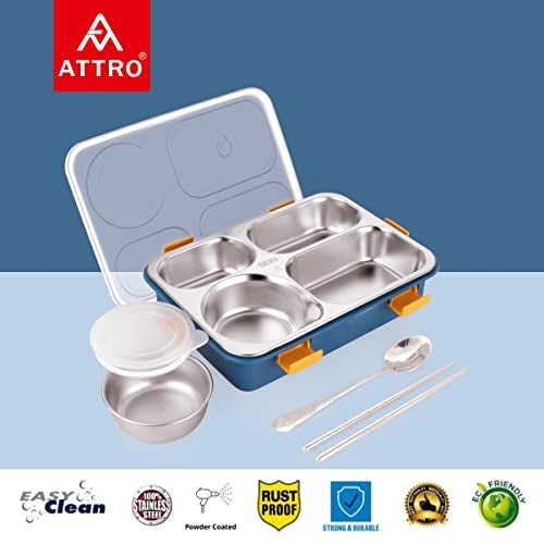 ATTRO Bento 4 Compartment Stainless Steel Lunch Box with 1 Small Bowl Inside, Steel Spoon & Chopstick, Heating & Water Insulation Design Use for School, Office & Travelling, 900 Ml - Navy Blue - Image 3