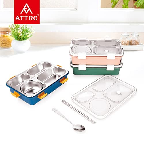 ATTRO Bento 4 Compartment Stainless Steel Lunch Box with 1 Small Bowl Inside, Steel Spoon & Chopstick, Heating & Water Insulation Design Use for School, Office & Travelling, 900 Ml - Navy Blue - Image 5
