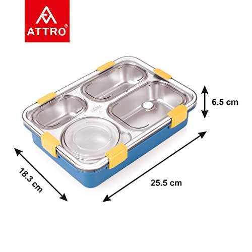 ATTRO Bento 4 Compartment Stainless Steel Lunch Box with 1 Small Bowl Inside, Steel Spoon & Chopstick, Heating & Water Insulation Design Use for School, Office & Travelling, 900 Ml - Navy Blue - Image 2