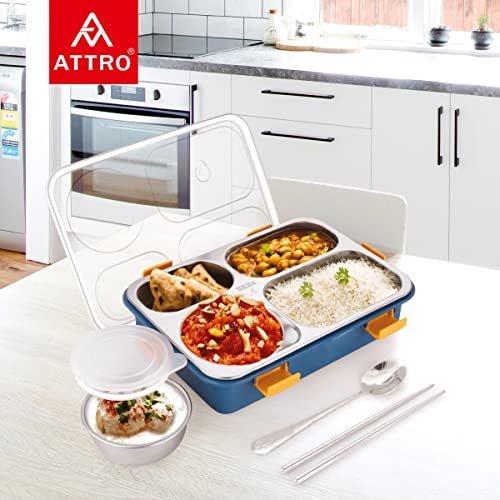 ATTRO Bento 4 Compartment Stainless Steel Lunch Box with 1 Small Bowl Inside, Steel Spoon & Chopstick, Heating & Water Insulation Design Use for School, Office & Travelling, 900 Ml - Navy Blue - Image 4