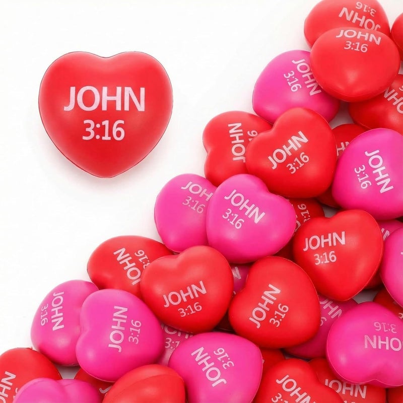 Zubebe 48 Pcs Christian Heart Stress Balls Bulk 276 John 3 16 Heart Stress Balls Christian Bible Quotes Gifts for Party Favor Reward Gift RedRose Red - Image 3