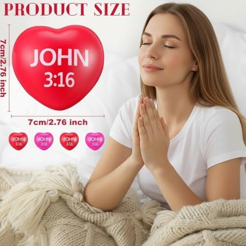 Zubebe 48 Pcs Christian Heart Stress Balls Bulk 276 John 3 16 Heart Stress Balls Christian Bible Quotes Gifts for Party Favor Reward Gift RedRose Red - Image 5