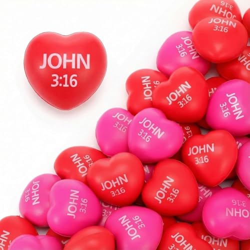 Zubebe 48 Pcs Christian Heart Stress Balls Bulk 276 John 3 16 Heart Stress Balls Christian Bible Quotes Gifts for Party Favor Reward Gift RedRose Red - Image 1