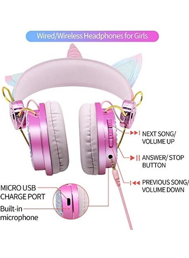 Kids Headphones Wireless Headphones for Kids Unicorn Headphones for Girls Bluetooth w/Microphone Adjustable Headband, Over On Ear Headset for School/Kindle/Tablet/PC Online Study (Pink, Wireless) Pink - Image 3