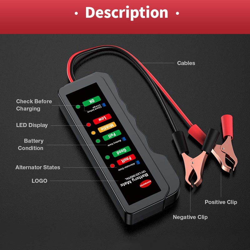 Kingbolen 12V Car Battery Tester  Alternator Tester Automotive Battery Checker  Analyzer To Check Alternator & Battery Charging System Led Indication - Image 5