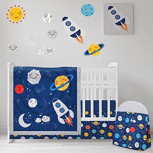 Rtteri 4 Pieces Baby Crib Bedding Set, Nursery Bedding Standard Size Soft Baby Bedding Set Including Crib Skirt, Blanket, Sheet and Diaper Stacker for Girls and Boys(Space) - Image 1