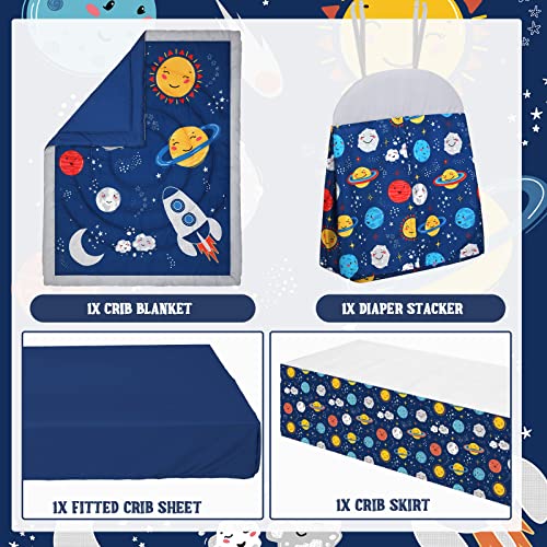 Rtteri 4 Pieces Baby Crib Bedding Set, Nursery Bedding Standard Size Soft Baby Bedding Set Including Crib Skirt, Blanket, Sheet and Diaper Stacker for Girls and Boys(Space) - Image 4