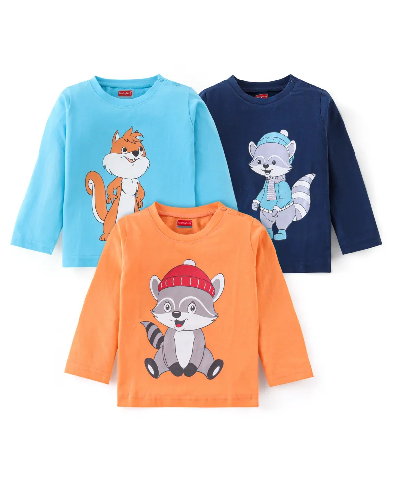 babyhug Babyhug Cotton Knit Full Sleeves T-Shirt Raccoon & Chipmunk Graphics Pack of 3 - Blue & Orange