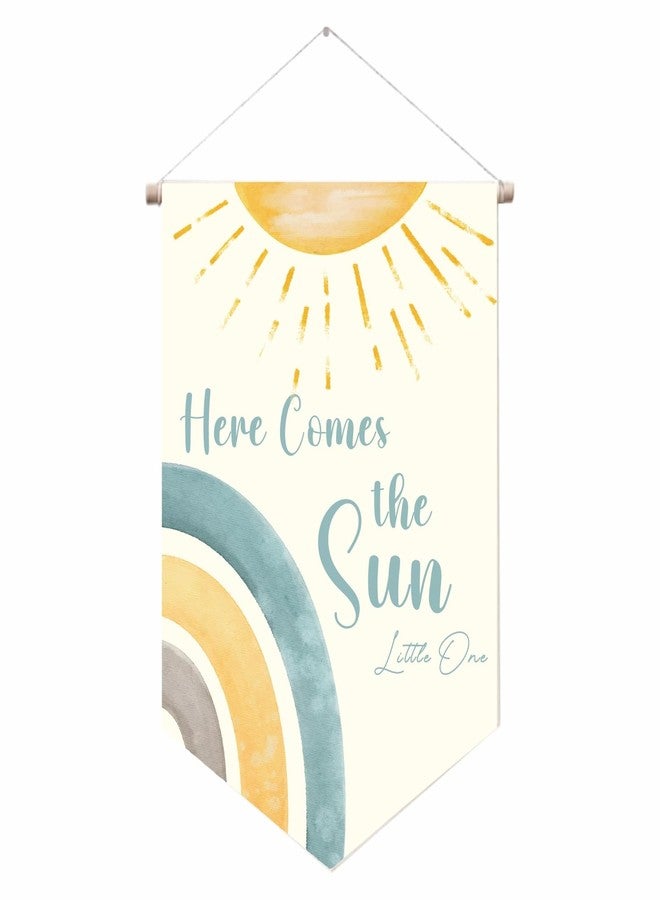 Barri Design Kids Room Wall Banner 'Here Comes The Sun' Canvas Pennant Flag Wall Art Sign Decor for Nursery, Playroom, Bedroom - Image 1