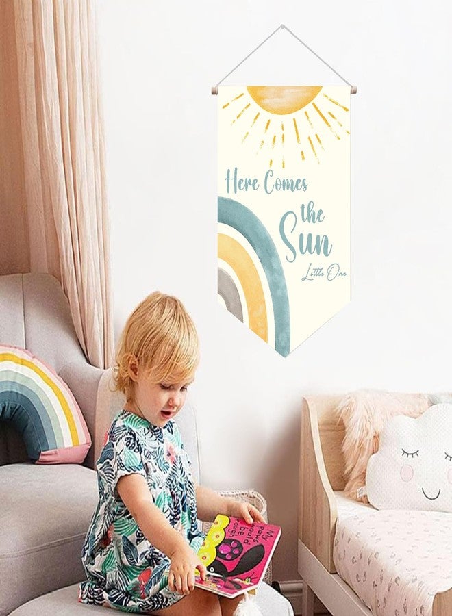 Barri Design Kids Room Wall Banner 'Here Comes The Sun' Canvas Pennant Flag Wall Art Sign Decor for Nursery, Playroom, Bedroom - Image 4