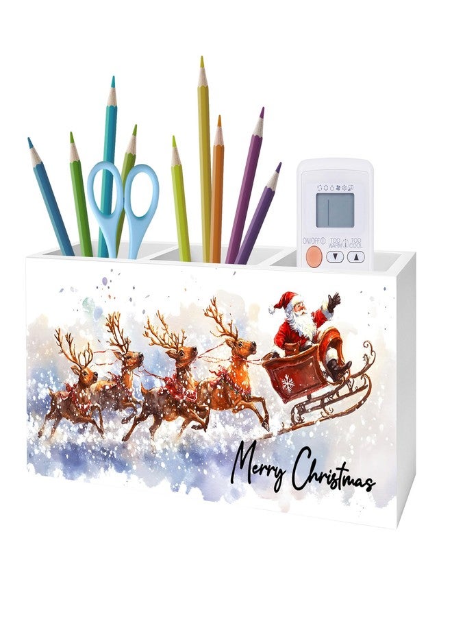 Exqcom Winter Christmas Santa Pen Pencil Holder for Desk, Christmas Office Decor, Snowy Xmas Santa Claus and Reindeer Wooden Box Block Sign for Home Office Desk Tabletop Decoration - Image 1