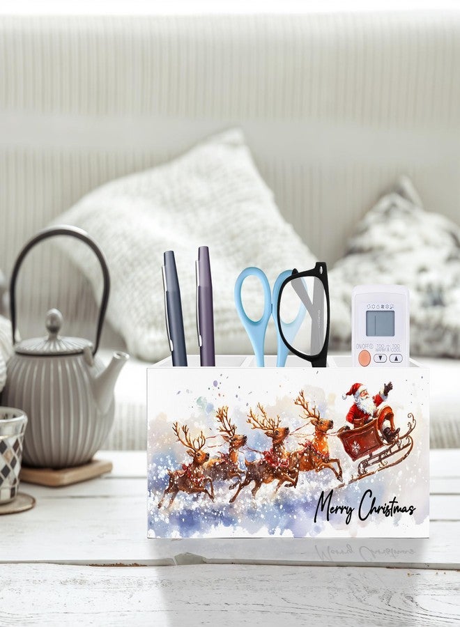 Exqcom Winter Christmas Santa Pen Pencil Holder for Desk, Christmas Office Decor, Snowy Xmas Santa Claus and Reindeer Wooden Box Block Sign for Home Office Desk Tabletop Decoration - Image 2