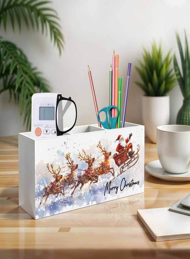 Exqcom Winter Christmas Santa Pen Pencil Holder for Desk, Christmas Office Decor, Snowy Xmas Santa Claus and Reindeer Wooden Box Block Sign for Home Office Desk Tabletop Decoration - Image 3