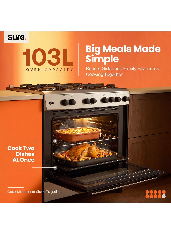 SURE 90x55cm 5 Burner Freestanding Gas Cooker with 103L Gas Oven, Cast Iron Pan Supports, Full Safety Features, Thermostat Control, Double Glazed Oven Door, Inox Finish - GCF-90 5 GCF-90 Inox Finish - Image 3