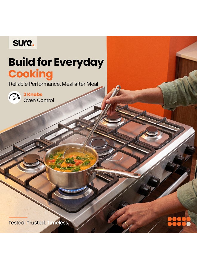 SURE 90x55cm 5 Burner Freestanding Gas Cooker with 103L Gas Oven, Cast Iron Pan Supports, Full Safety Features, Thermostat Control, Double Glazed Oven Door, Inox Finish - GCF-90 5 GCF-90 Inox Finish - Image 2