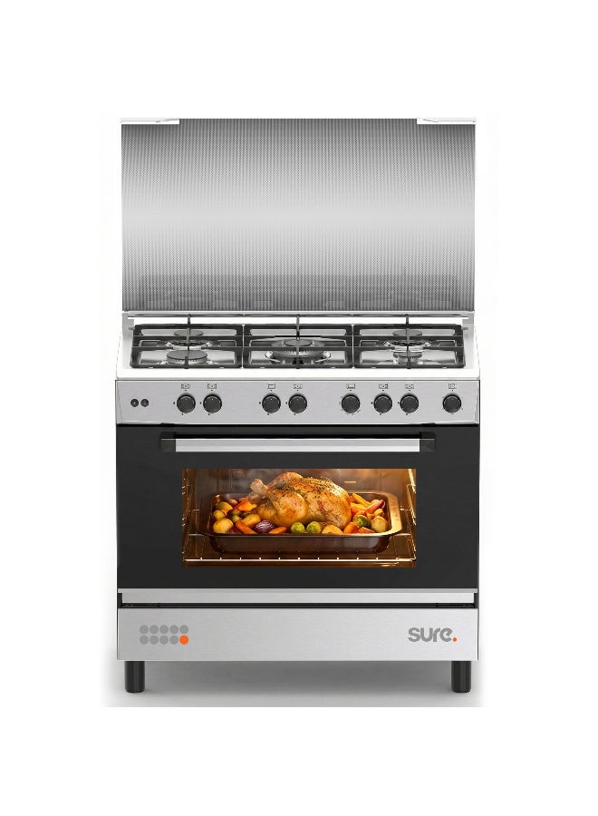SURE 90x55cm 5 Burner Freestanding Gas Cooker with 103L Gas Oven, Cast Iron Pan Supports, Full Safety Features, Thermostat Control, Double Glazed Oven Door, Inox Finish - GCF-90 5 GCF-90 Inox Finish - Image 1