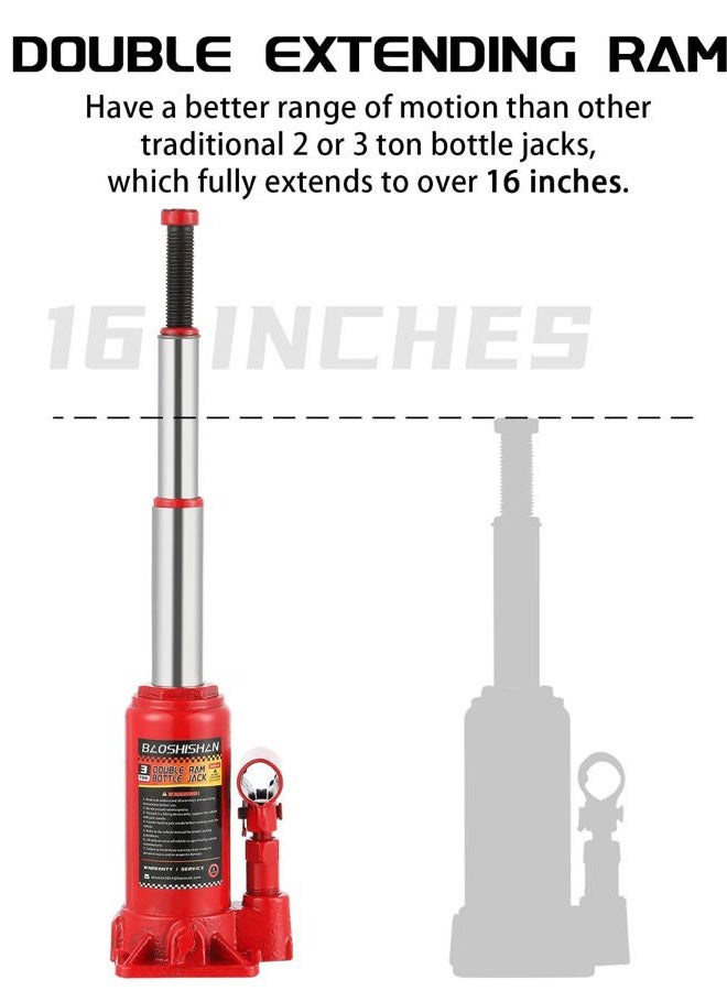 BAOSHISHAN 3 Ton Double Ram Bottle Jack 6-1/2" to 16-1/2" Lifting Range Portable Hydraulic Jack with Carrying Case - Image 3