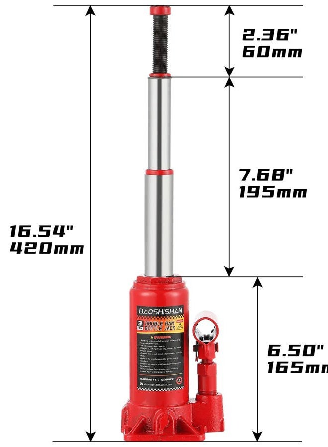 BAOSHISHAN 3 Ton Double Ram Bottle Jack 6-1/2" to 16-1/2" Lifting Range Portable Hydraulic Jack with Carrying Case - Image 2