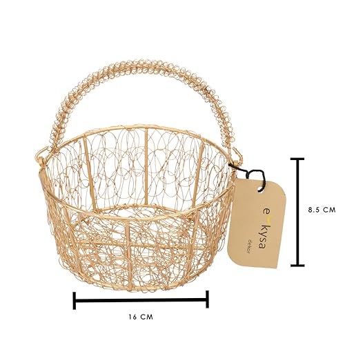 ekysa dekor metal mesh wire multipurpose hamper Fancy round Basket/Tray/Platter with wire handles for Packing, Gifting, Decoration - Golden (6.5 * 6.5 * 3.5 inches) - Image 2