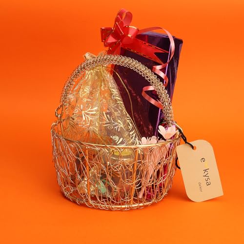 ekysa dekor metal mesh wire multipurpose hamper Fancy round Basket/Tray/Platter with wire handles for Packing, Gifting, Decoration - Golden (6.5 * 6.5 * 3.5 inches) - Image 4