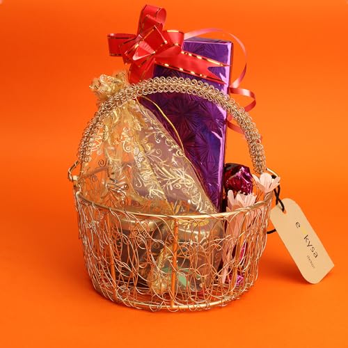 ekysa dekor metal mesh wire multipurpose hamper Fancy round Basket/Tray/Platter with wire handles for Packing, Gifting, Decoration - Golden (6.5 * 6.5 * 3.5 inches) - Image 1