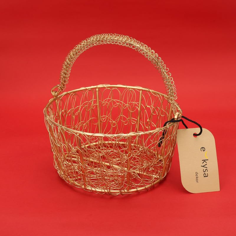 ekysa dekor metal mesh wire multipurpose hamper Fancy round Basket/Tray/Platter with wire handles for Packing, Gifting, Decoration - Golden (6.5 * 6.5 * 3.5 inches) - Image 5