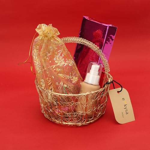 ekysa dekor metal mesh wire multipurpose hamper Fancy round Basket/Tray/Platter with wire handles for Packing, Gifting, Decoration - Golden (6.5 * 6.5 * 3.5 inches) - Image 3