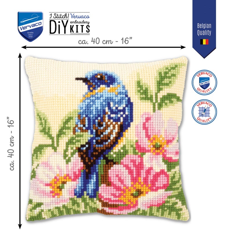 Vervaco Cross Stitch Cushion Kit Bird on Rose Bush 16" x 16" - Image 2