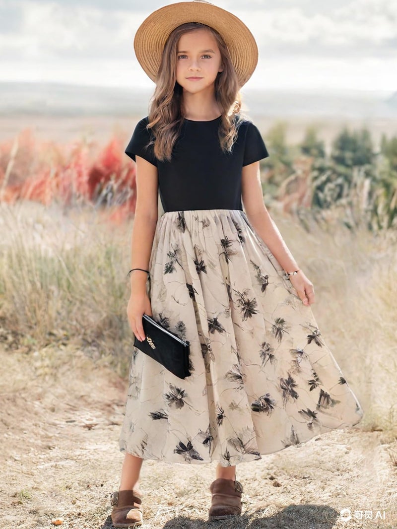 Seechoslo NEW 8-14Years Girls Elegant Dress Short Sleeve A-Line Floral Midi Party Special Occasion (US, Age, 8 Years, Black) - Image 2