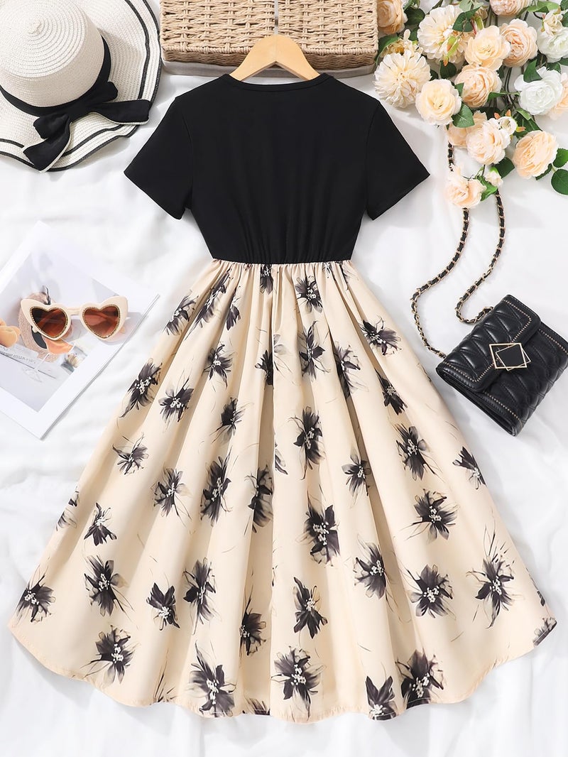 Seechoslo NEW 8-14Years Girls Elegant Dress Short Sleeve A-Line Floral Midi Party Special Occasion (US, Age, 8 Years, Black) - Image 4