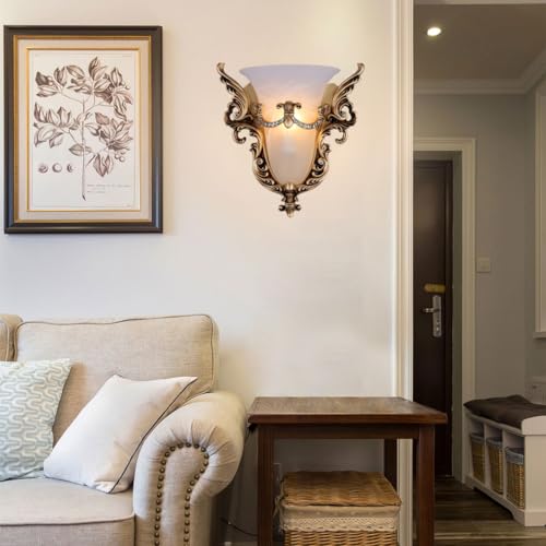 Qufute Unique Glass Wall Sconce Light Vintage Glass Wall Light Angel Wings Style Mid Century Modern Wall Light Frosted glassWall Sconce Gold Resin Light Fixture for Dining Room Hallway Bedroom - Image 3